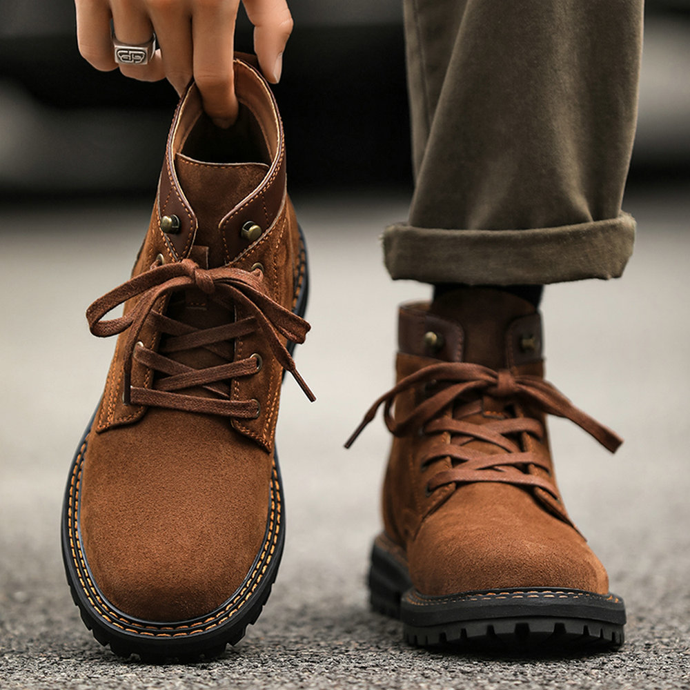 男士马丁靴真皮美式短靴复古登山靴棕色牛皮反绒面翻毛高帮工装靴