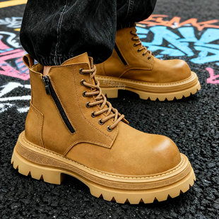 马丁靴男鞋高帮工装靴厚底增高英伦大黄靴美式登山靴防水机车皮靴