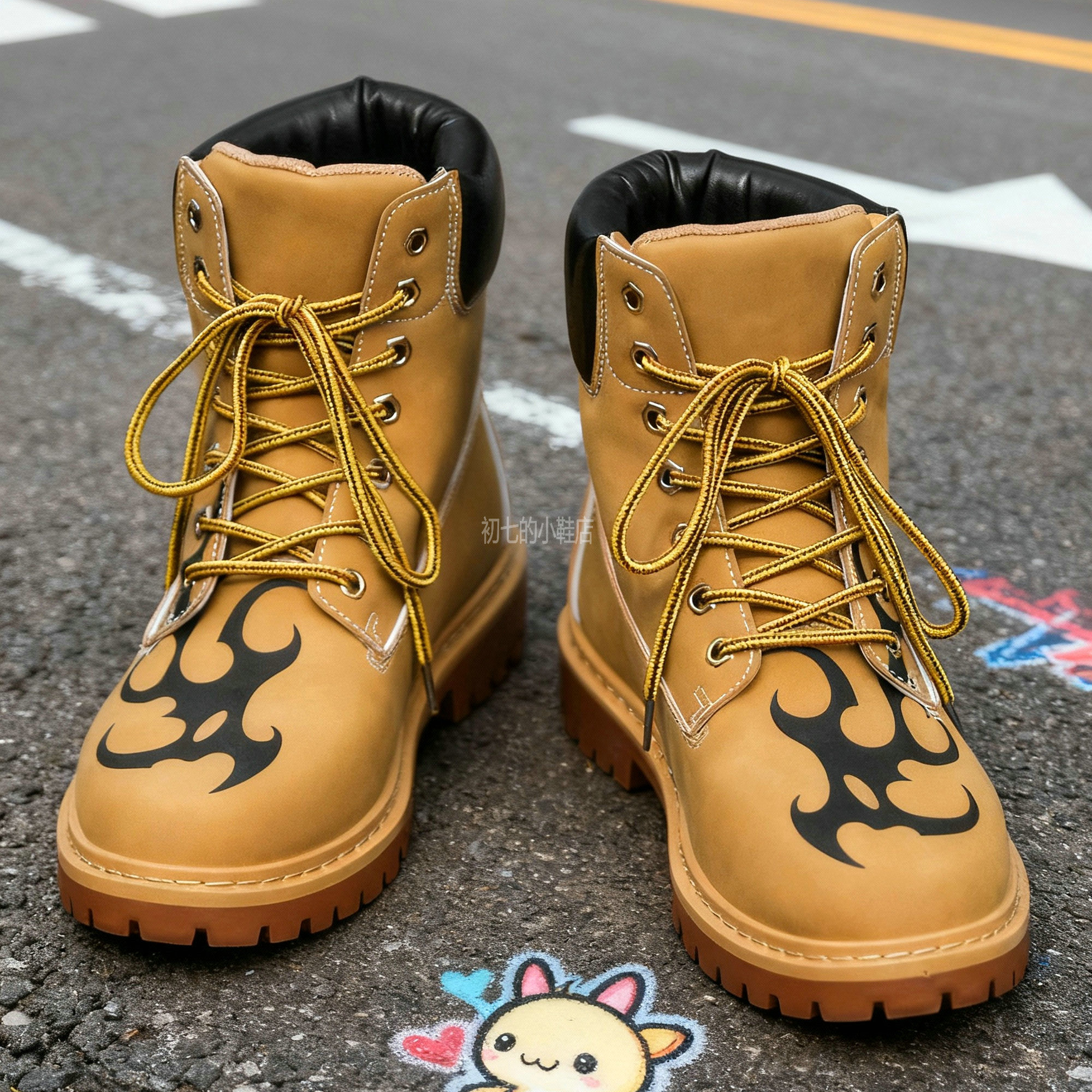 大黄靴男鞋高帮工装靴黄色个性印花小众耐磨登山靴防滑机车马丁靴