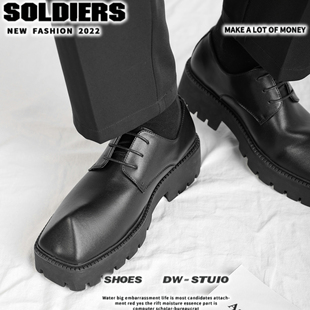 男士皮鞋小众方头高级感夏季黑色德比鞋子厚底原创痞帅真皮马丁鞋