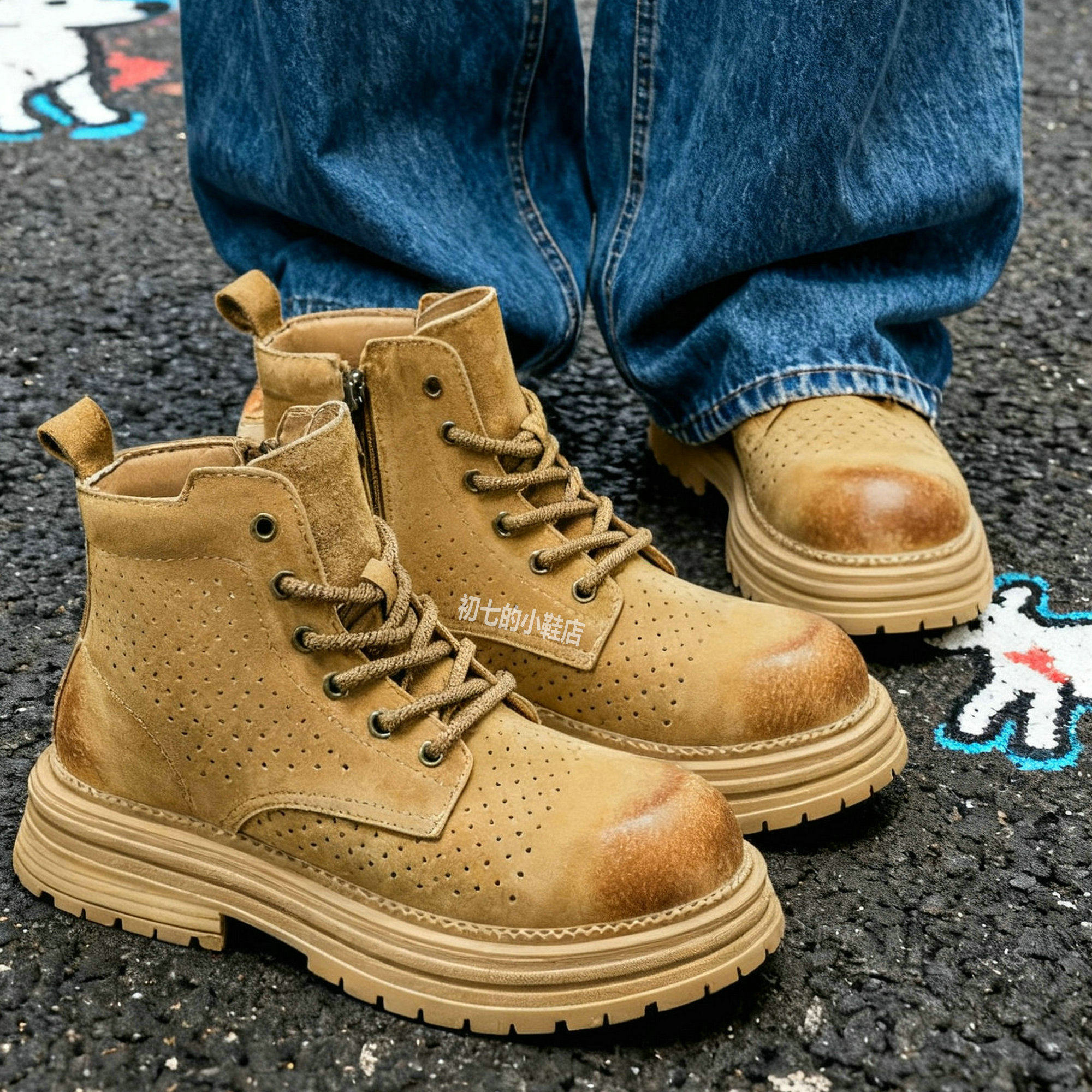 马丁靴男高帮大黄靴厚底透气户外登山靴防滑高级感痞帅工装靴美式