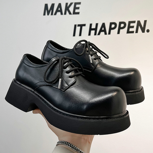 大头皮鞋男士高级感真皮小众痞帅设计感圆头厚底增高黑色马丁鞋子