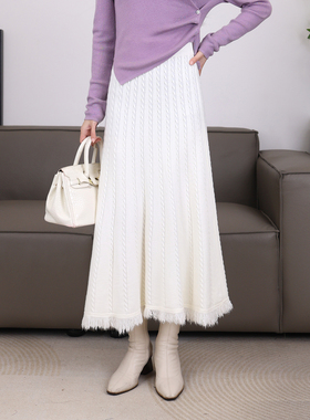 麻花流苏针织半身裙2026秋冬新款松紧腰垂感a字裙百褶大摆裙21660