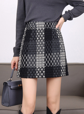 毛呢格纹半身裙女冬季2026新款高腰显瘦a字裙时尚百搭短裙21927