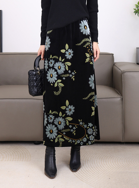 丝绒碎花半身裙冬季2026新款超仙遮肉高腰a字裙气质显瘦长裙21883