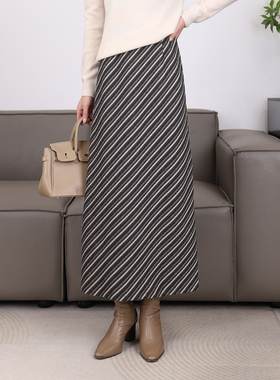复古气质斜条纹毛呢半身裙冬季2026高腰显瘦A字垂坠感大摆裙21767