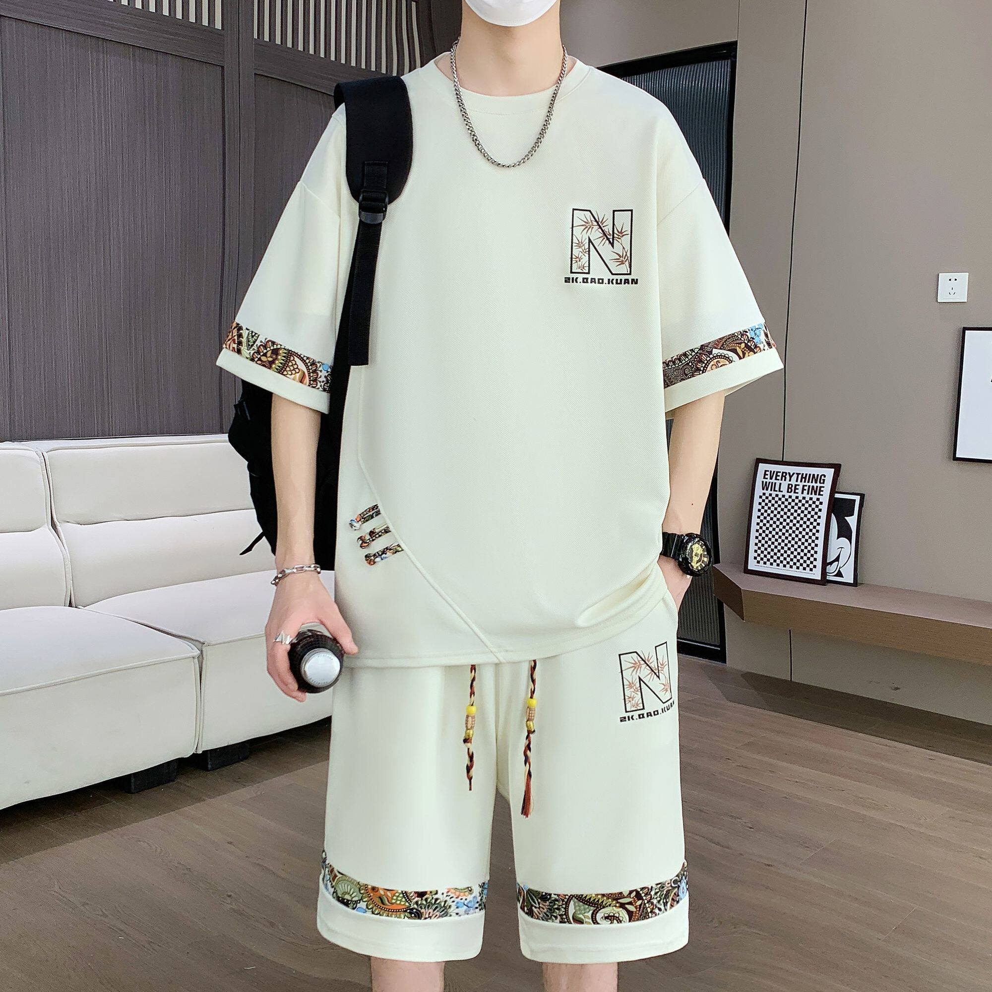大码男装100-280斤休闲运动套装时尚短袖t恤男帅气青少年一套夏装