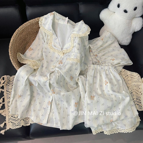 2026夏季新款ins蕾丝花边睡衣少女可爱小熊印花宽松家居服套装
