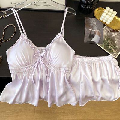 【夏日铃兰】少女感木耳花边蝴蝶结纯欲冰丝吊带睡衣女家居服套装