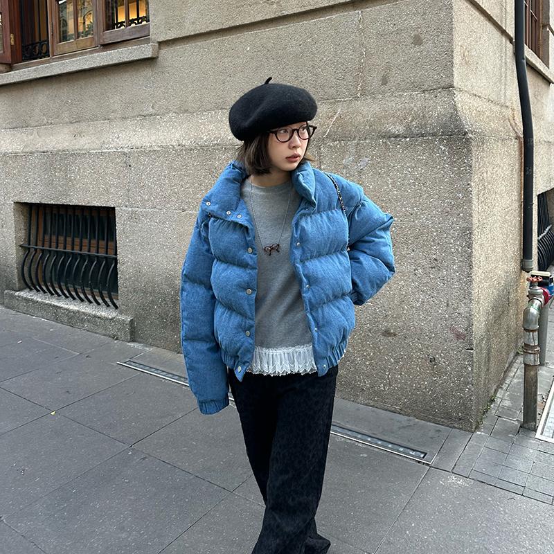 设计感小香风牛仔立领棉服外套