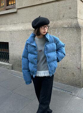 Our2设计感小香风牛仔立领棉服外套2024冬季新款加厚保暖面包服