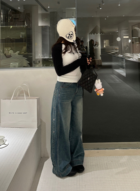 Our2【复古铆钉裤】秋冬新款夹棉百搭时尚宽松显瘦直筒水洗牛仔裤