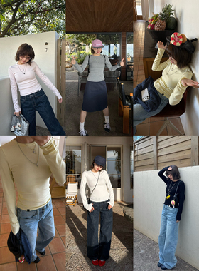 Our2【5色皮标打底】修身百搭圆领长袖纯色时尚显瘦上衣T恤上衣女
