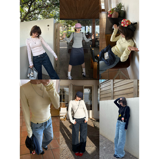 百搭圆领长袖 Our2 5色皮标打底 修身 显瘦上衣T恤上衣女 纯色时尚