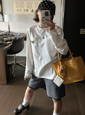 Our2小马口袋T长袖T恤女2025新款宽松休闲百搭圆领长袖打底上衣