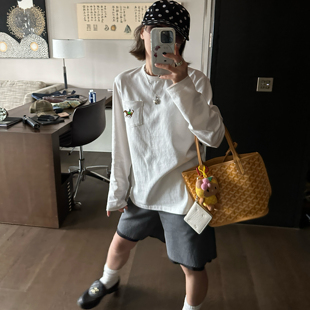 宽松休闲百搭圆领长袖 打底上衣 T恤女2025新款 Our2小马口袋T长袖