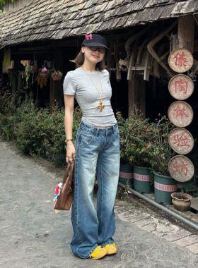 Our2复古水洗低腰牛仔2025夏季新款直筒百搭设计感休闲牛仔裤