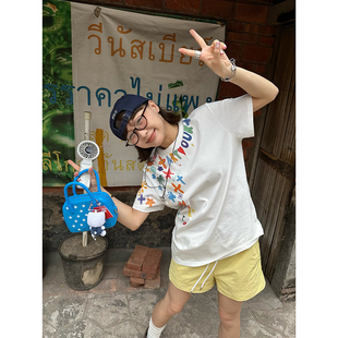 Our2夏季 上衣潮 2025新款 印花彩绘T恤宽松休闲设计师慵懒百搭短袖