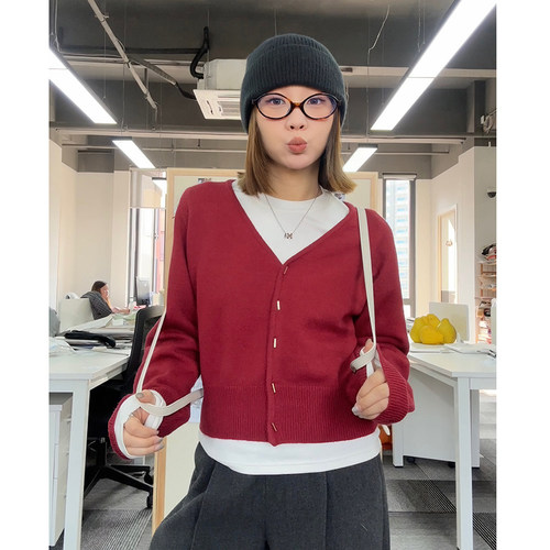 Our2复古休闲V领针织开衫