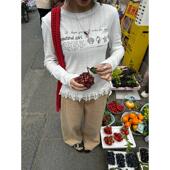 新款 Our2正肩透透长袖 上衣春季 韩系白色简约字母印花拼接蕾丝T恤