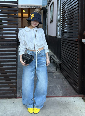 Our2【明线牛仔裤】春夏新款时尚宽松显瘦阔腿直筒水洗牛仔长裤女