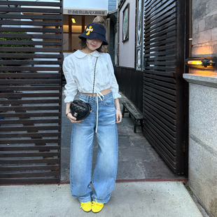 时尚 Our2 明线牛仔裤 春夏新款 女 宽松显瘦阔腿直筒水洗牛仔长裤