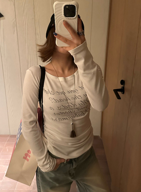 Our2【Jen*nie打底】新款时尚显瘦长袖印花修身长袖字母T恤上衣女