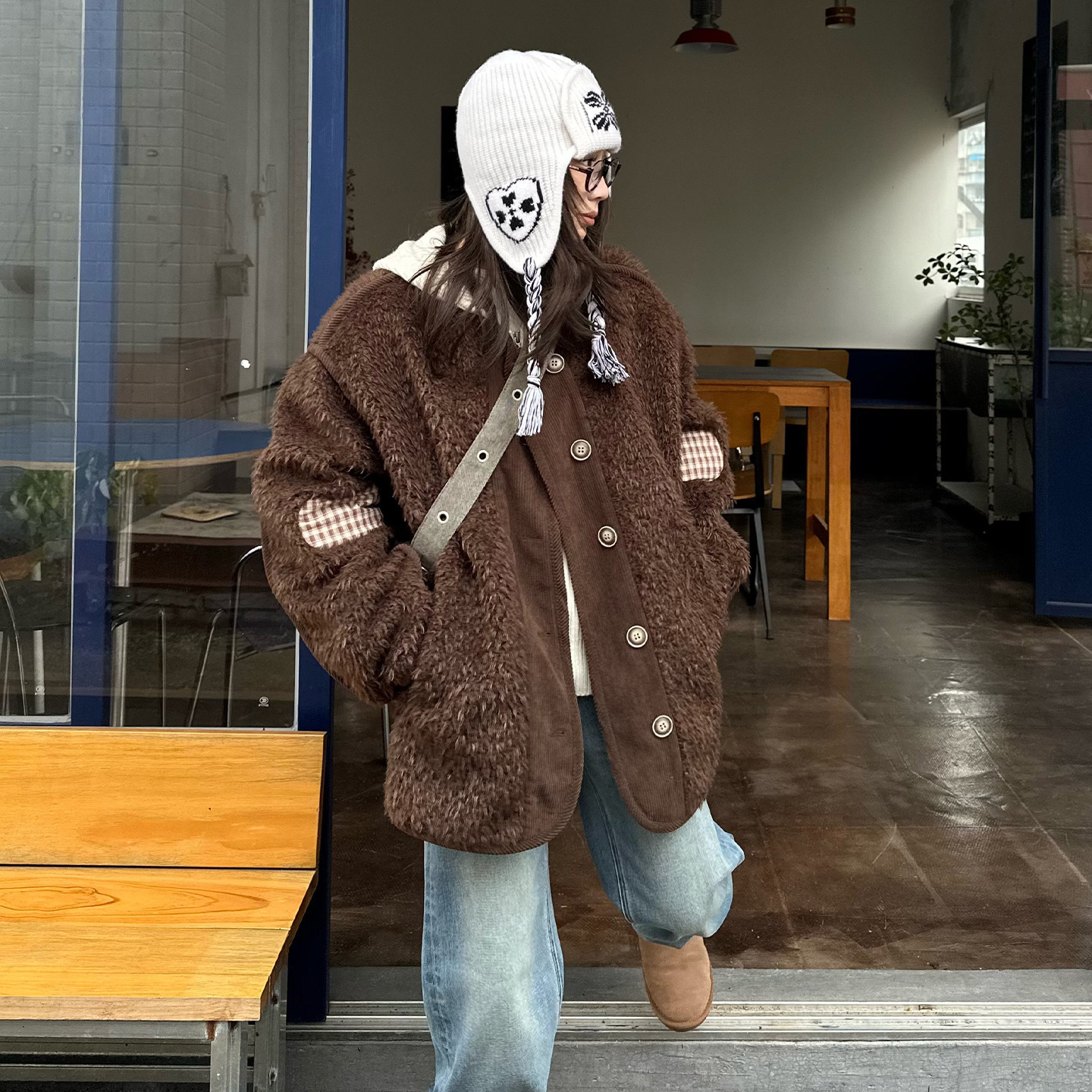 Our2【拼接毛茸茸外套】秋冬毛设计款宽松时尚休闲绒针织毛衣外套