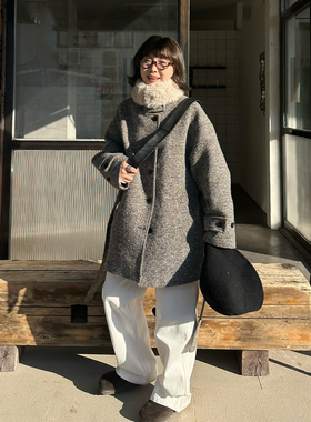 Our2【圣诞杂色大衣】羊毛复古设计师水洗立领夹棉毛呢大衣