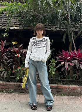 Our2水洗高腰休闲百搭窄版浅色直筒牛仔裤2025新款宽松简约长裤潮