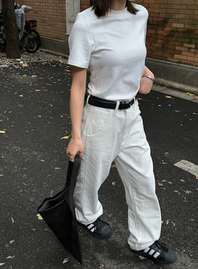Our2白色直筒牛仔裤女高腰宽松垂感显腿长拖地休闲长裤阔腿小白裤