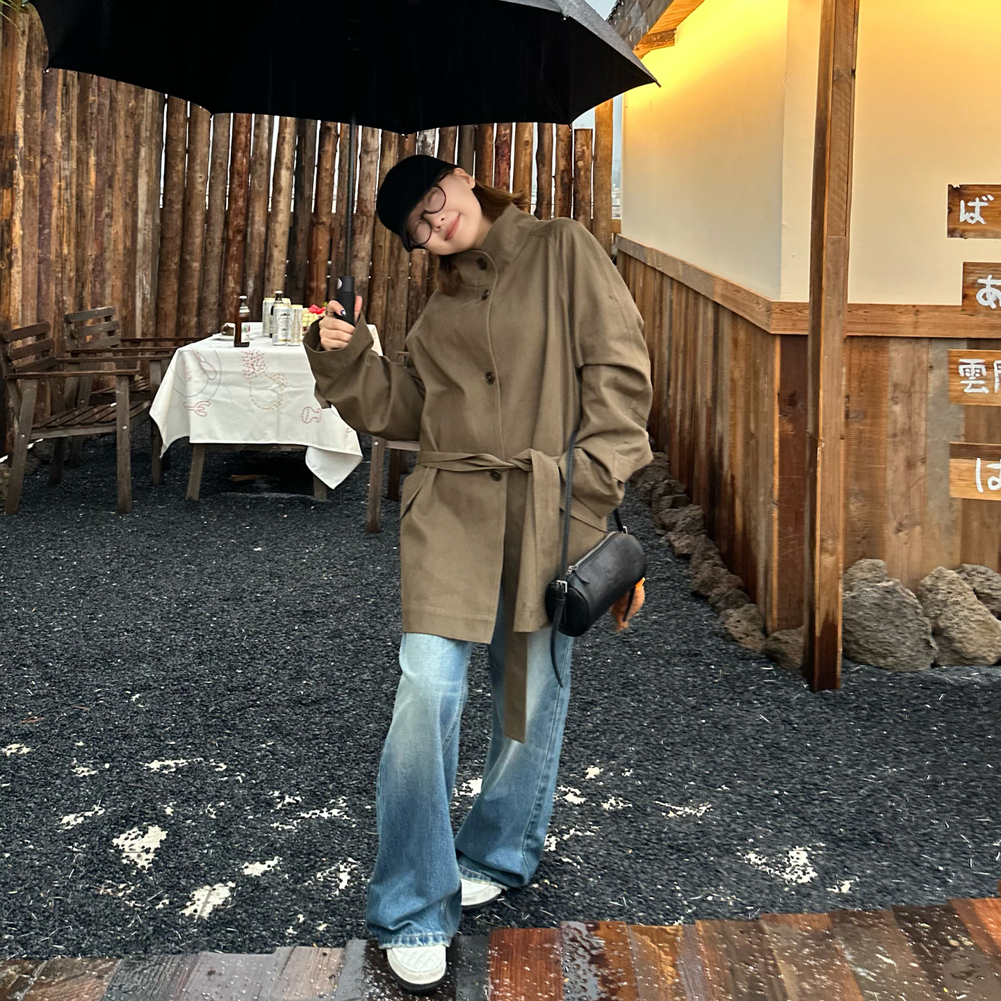 Our2【小斗篷风衣】秋冬季中长款系带纽扣工装复古立领风衣外套女