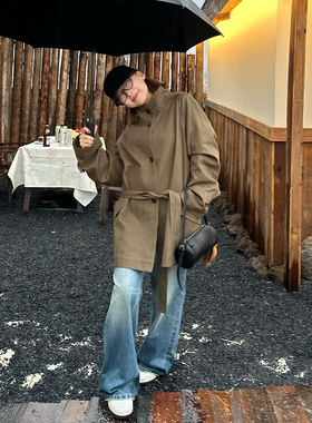 Our2【小斗篷风衣】秋冬季中长款系带纽扣工装复古立领风衣外套女