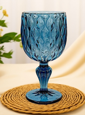 彩色玻璃高脚杯浮雕红酒杯高档葡萄酒杯餐厅复古装饰杯子加厚酒杯