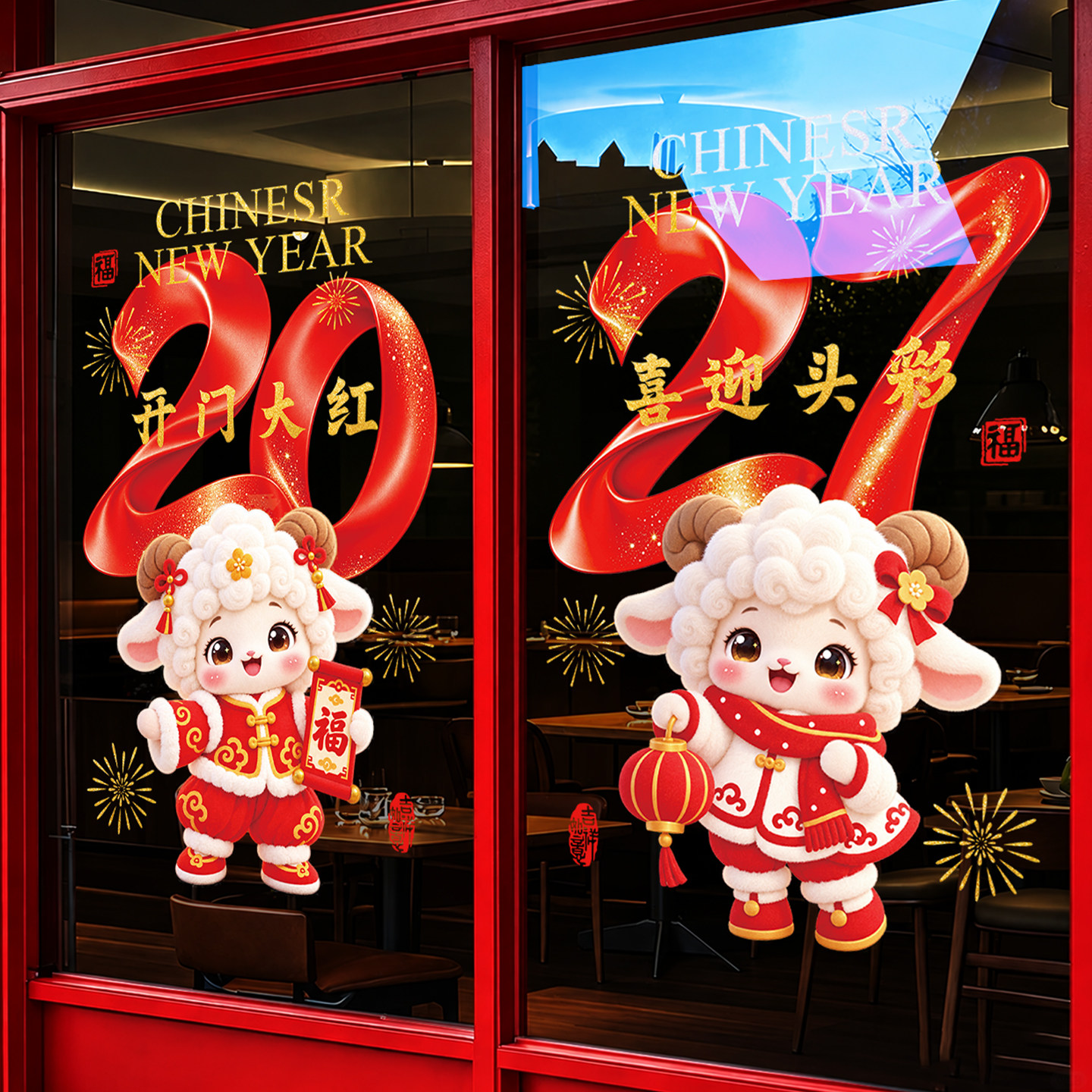 2027羊年装饰窗花玻璃门贴纸氛围布置服饰店铺商场酒店橱窗贴画