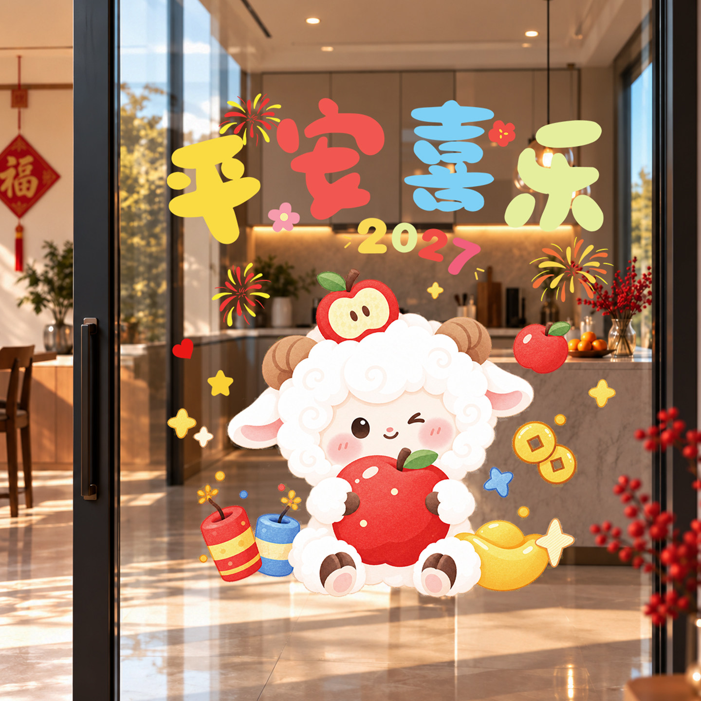 新年氛围布置装饰玻璃门贴纸窗花2027羊年厨房阳台服饰店铺橱窗贴