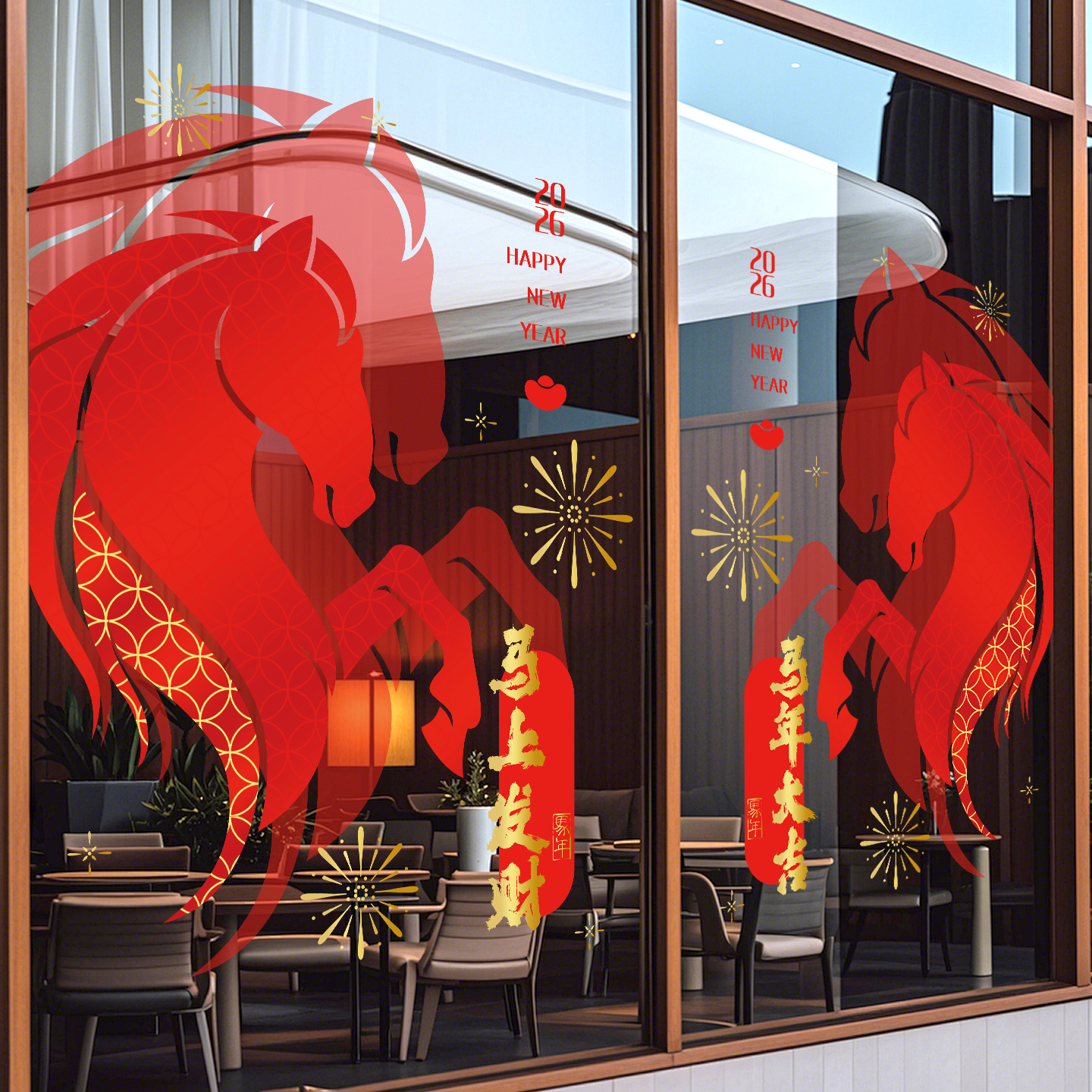 马年玻璃门贴纸春节窗花静电贴