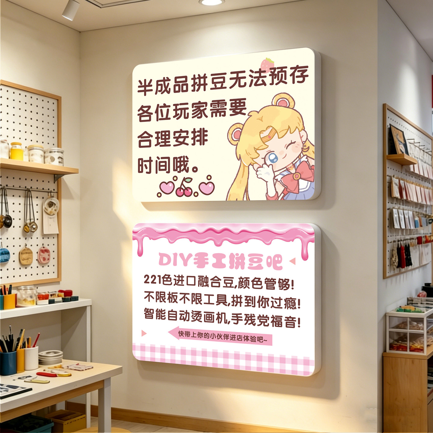 拼豆店温馨提示店铺装饰手作工坊告示牌氛围墙面布置墙贴立体标识