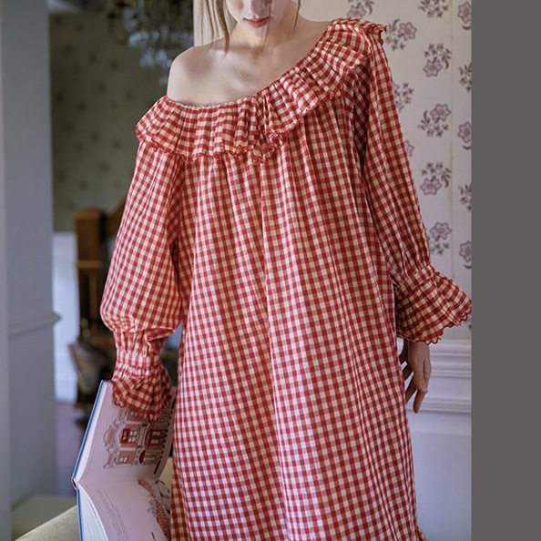 春秋款长袖红色本命年纯棉睡裙女