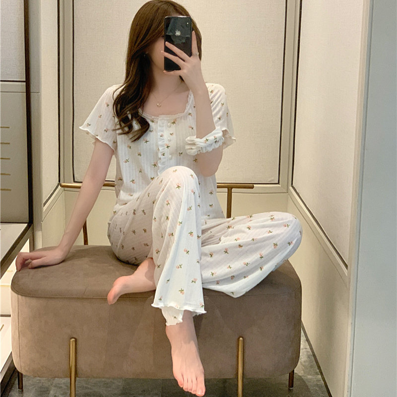 小碎花甜美日系睡衣女夏季小清新开衫短袖长裤套装家居服女可外穿