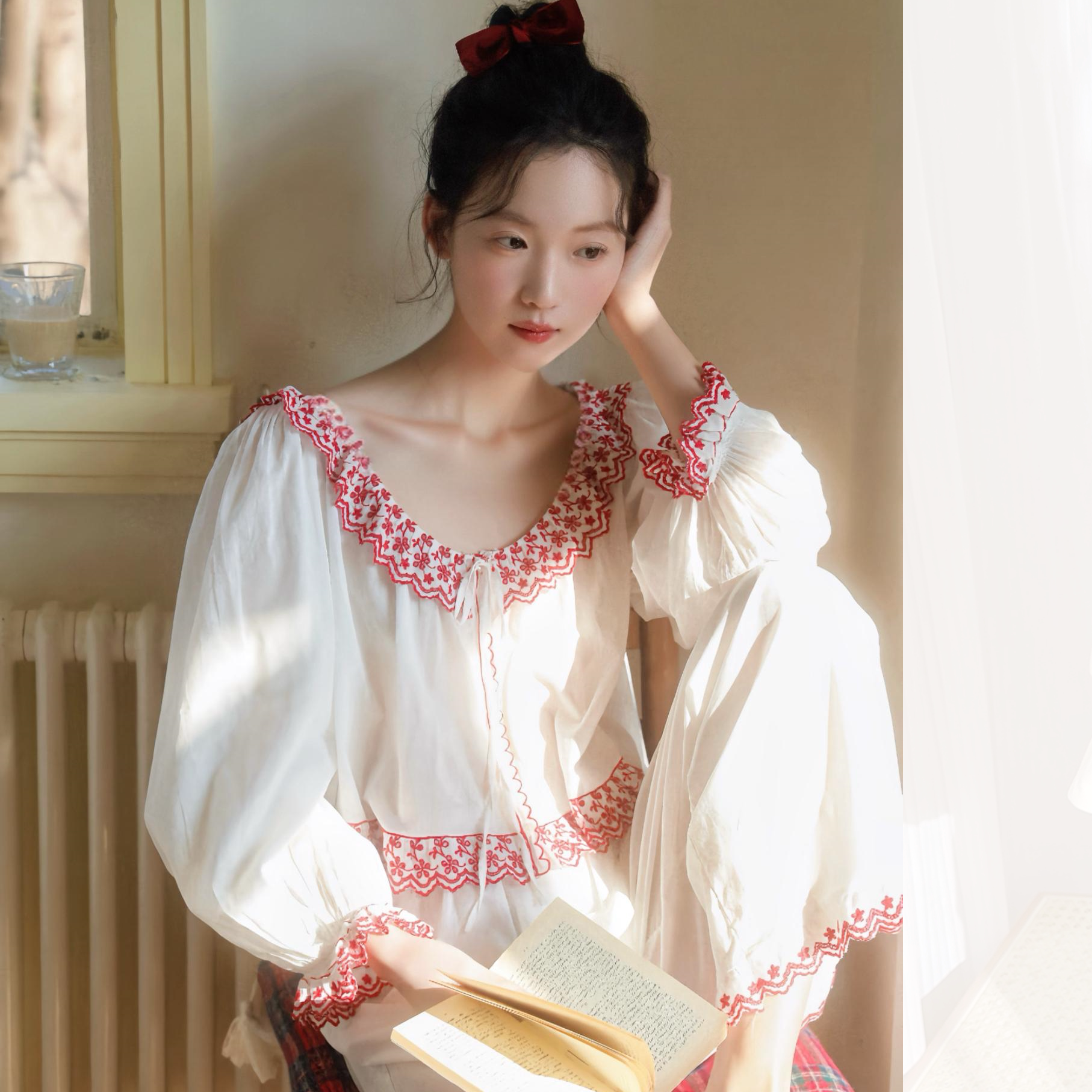 甜美蕾丝花边全棉长袖睡衣套装女纯棉可外穿春秋家居服两件套新款