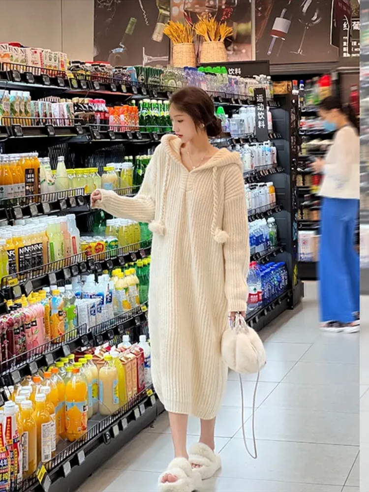 中长款毛衣女宽松连帽衫