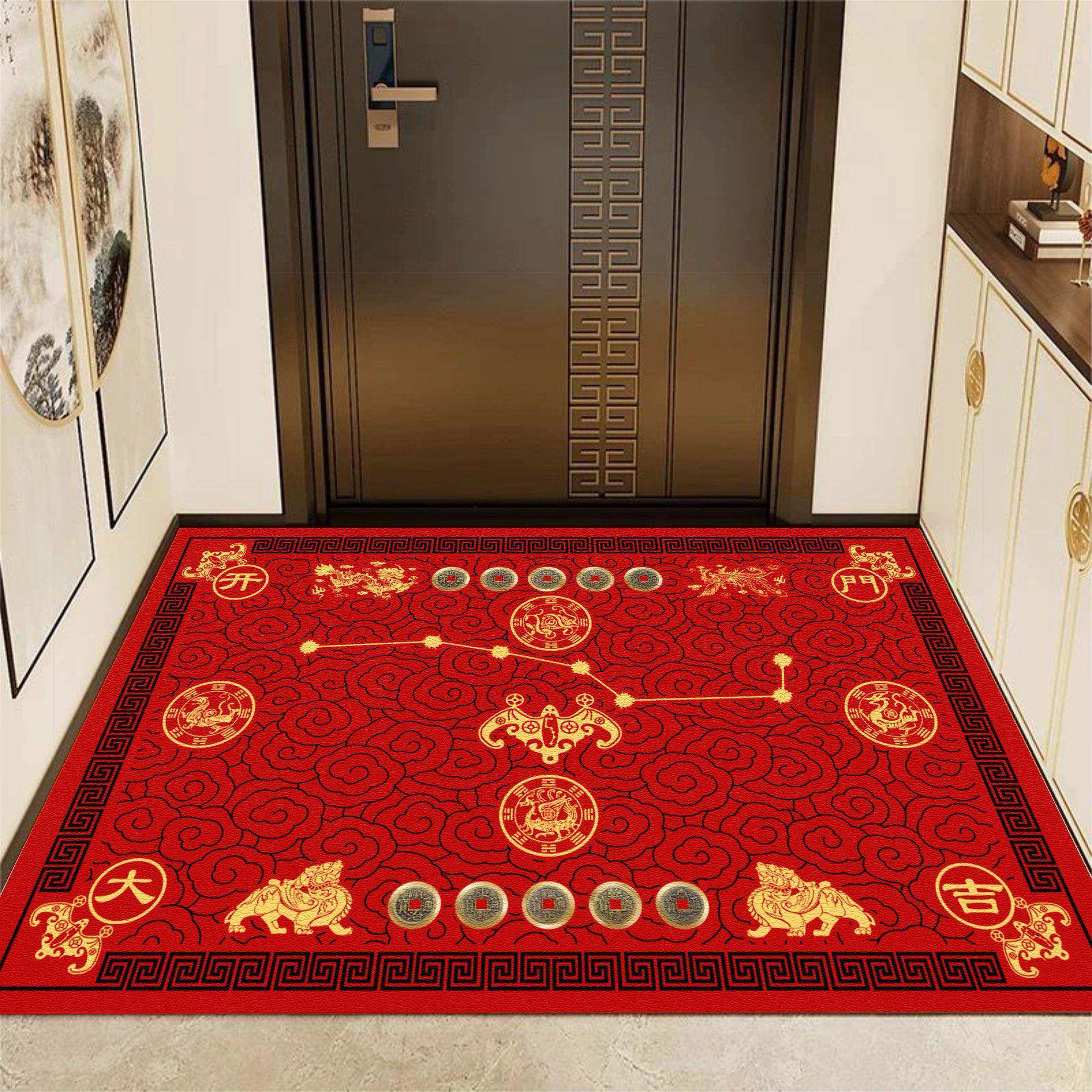 金黄色五帝钱七星地垫皮革可擦免洗入户门垫招财纳福进门防滑脚垫