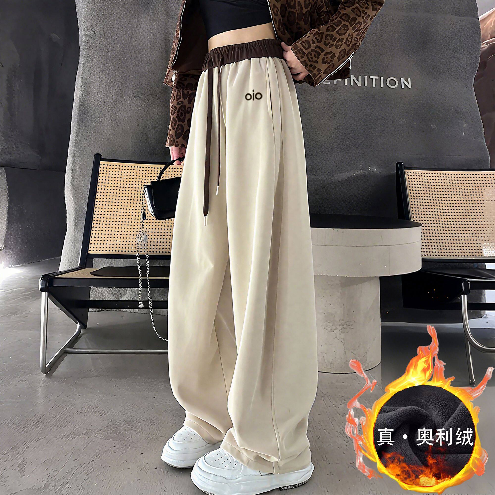 2025秋冬新款刺绣小标运动卫裤女冬季加绒加厚高腰宽松休闲阔腿裤