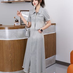 牛仔拉链短袖外套+A字半身裙两件套装女士夏季2025新款衬衫连衣裙