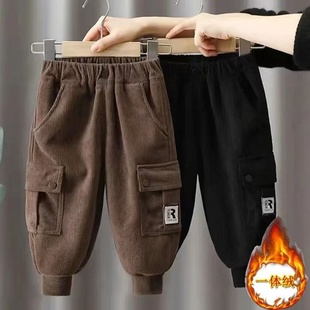 儿童装男童裤子一体加绒新款秋冬中小童工装休闲裤秋冬季男孩长裤