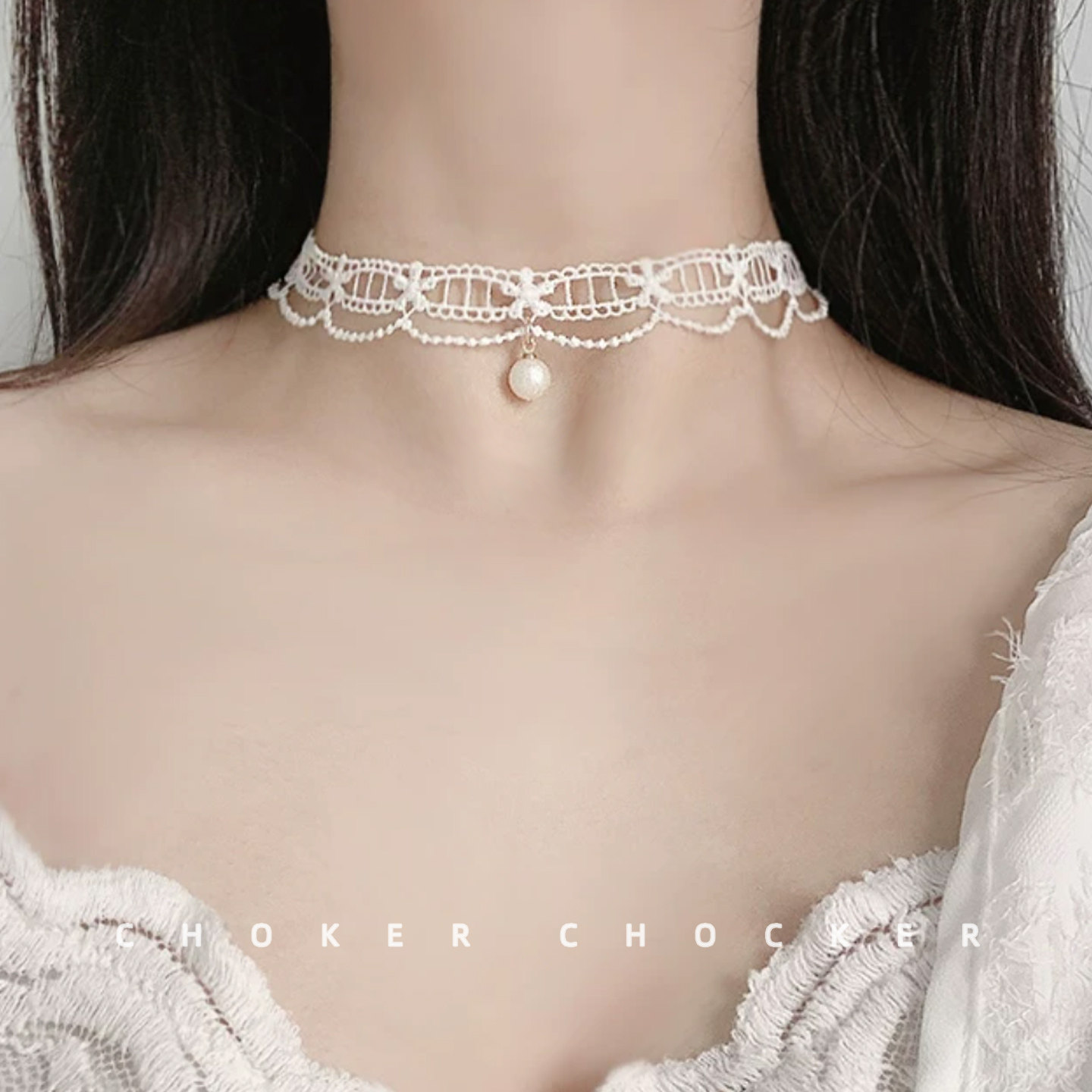 白色蕾丝珍珠choker女超仙甜美图片