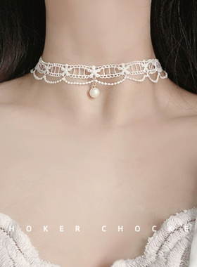 白色蕾丝珍珠choker女超仙甜美