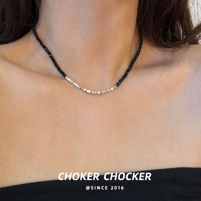 碎银几两黑色尖晶石choker项链女轻奢小众高级感锁骨链镀银保色