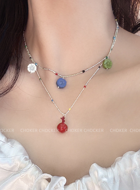 CHOKER叠戴彩色小花朵吊坠锁骨链